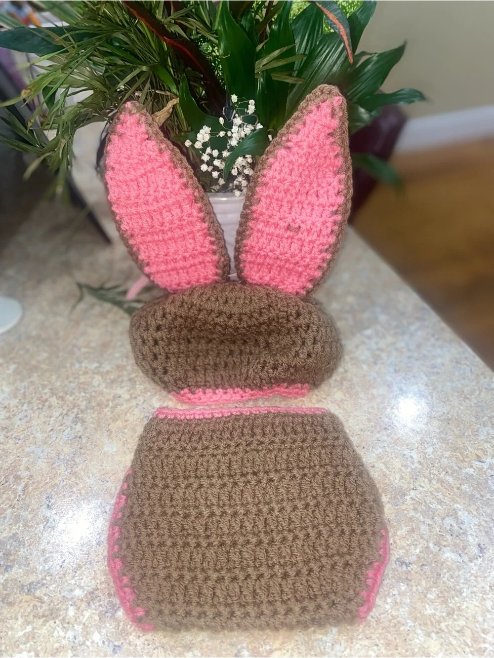 Handmade Crochet Bunny Diaper Cover & Ear Hat - Brown and Bright Pink